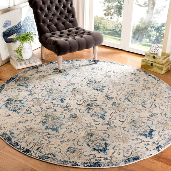 SAFAVIEH Evoke Maybelle Faded Damask Area Rug, Beige/Navy, 6'7" x 6'7" Round