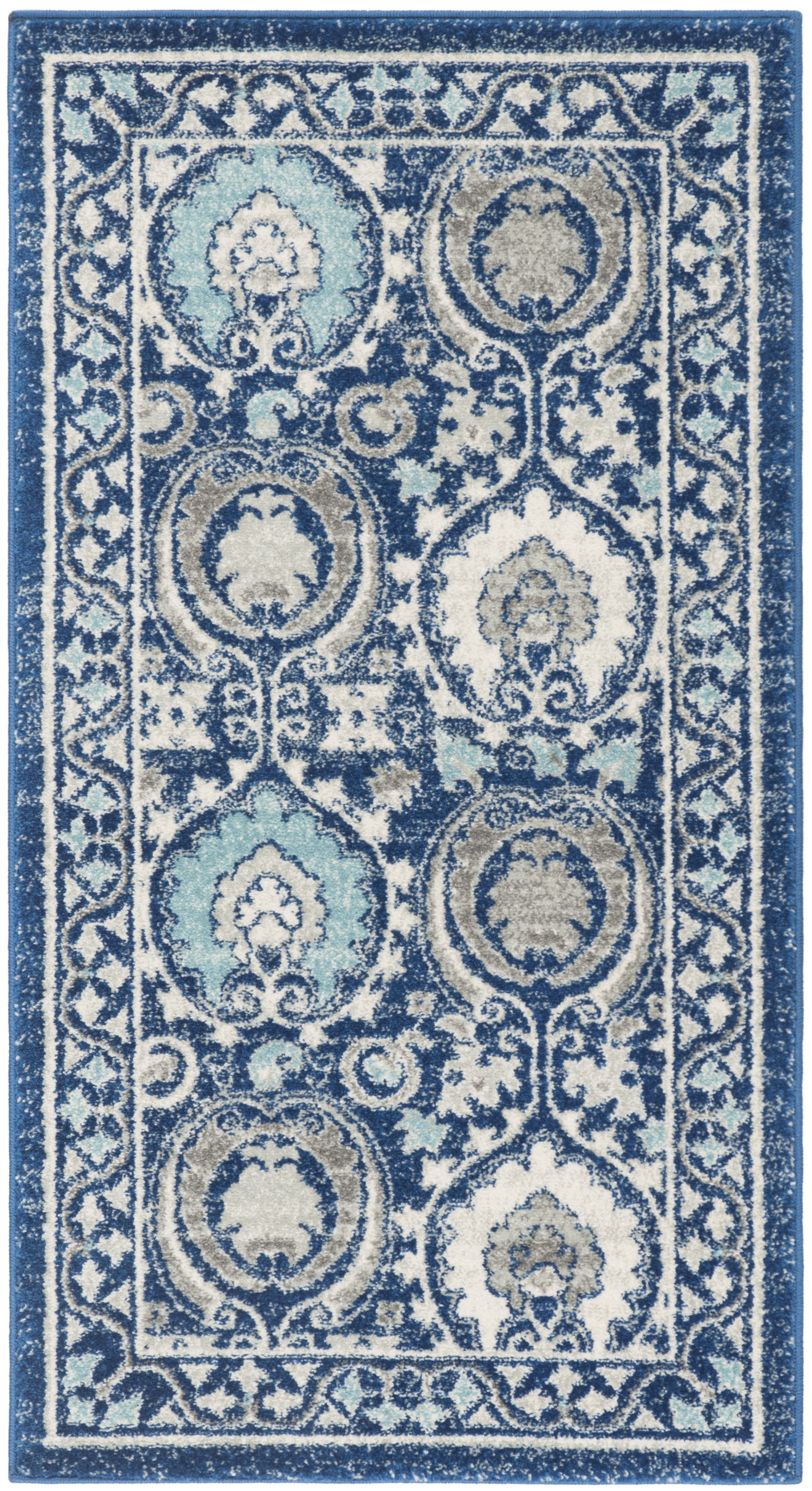Blue and Ivory High Pile Synthetic Area Rug