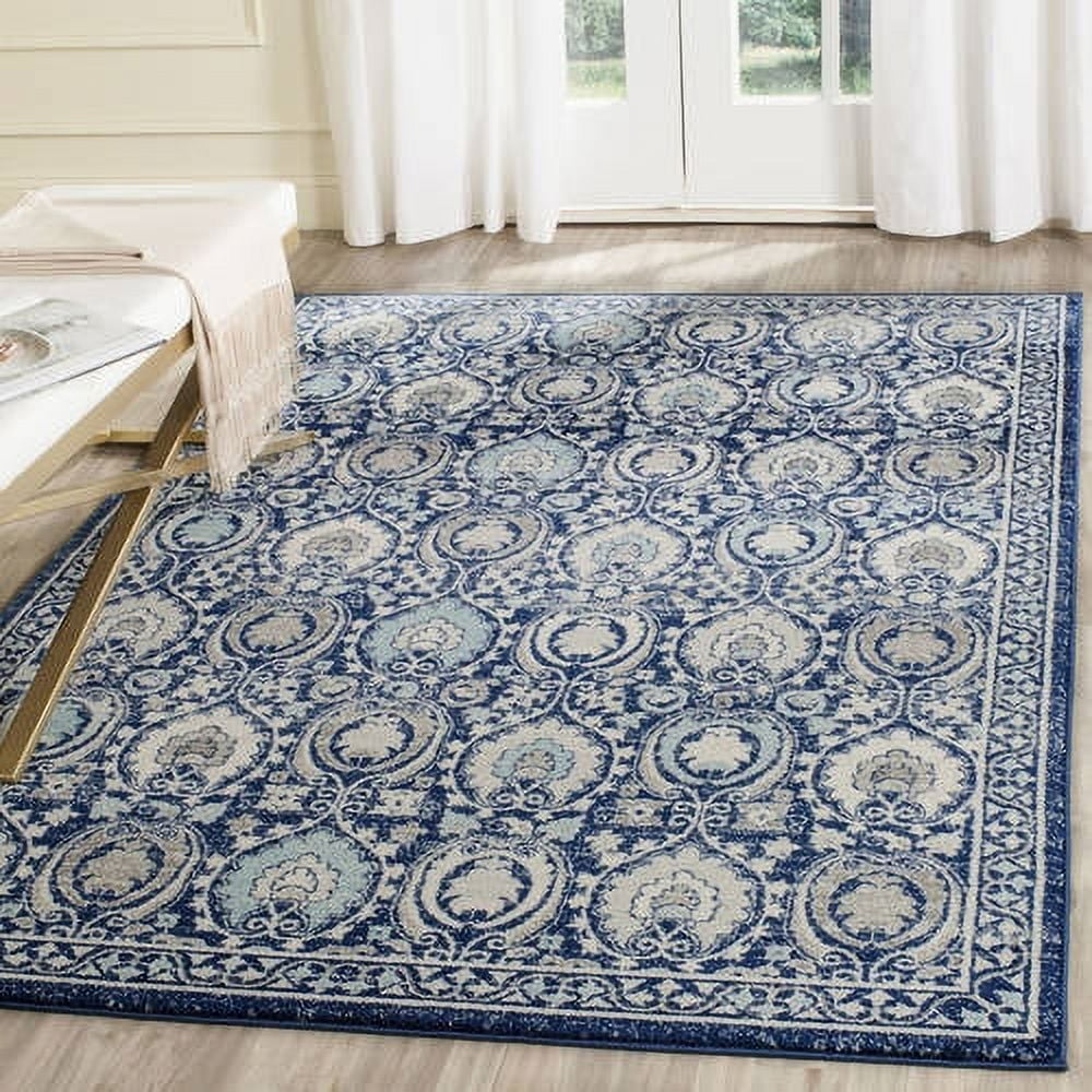 Blue and Ivory Floral High Pile Synthetic Area Rug 8' x 10'