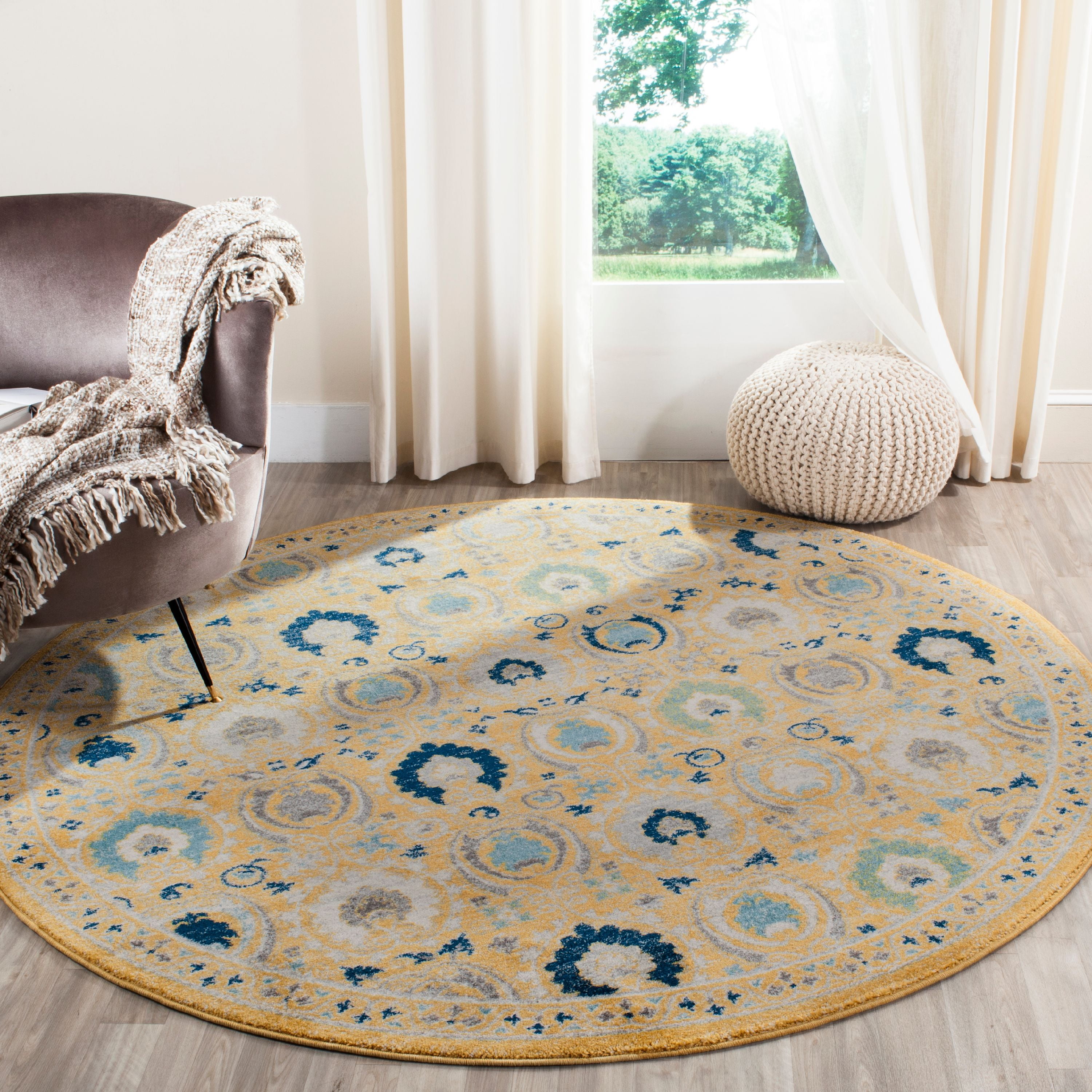 Gold and Ivory High Pile Round Synthetic Area Rug