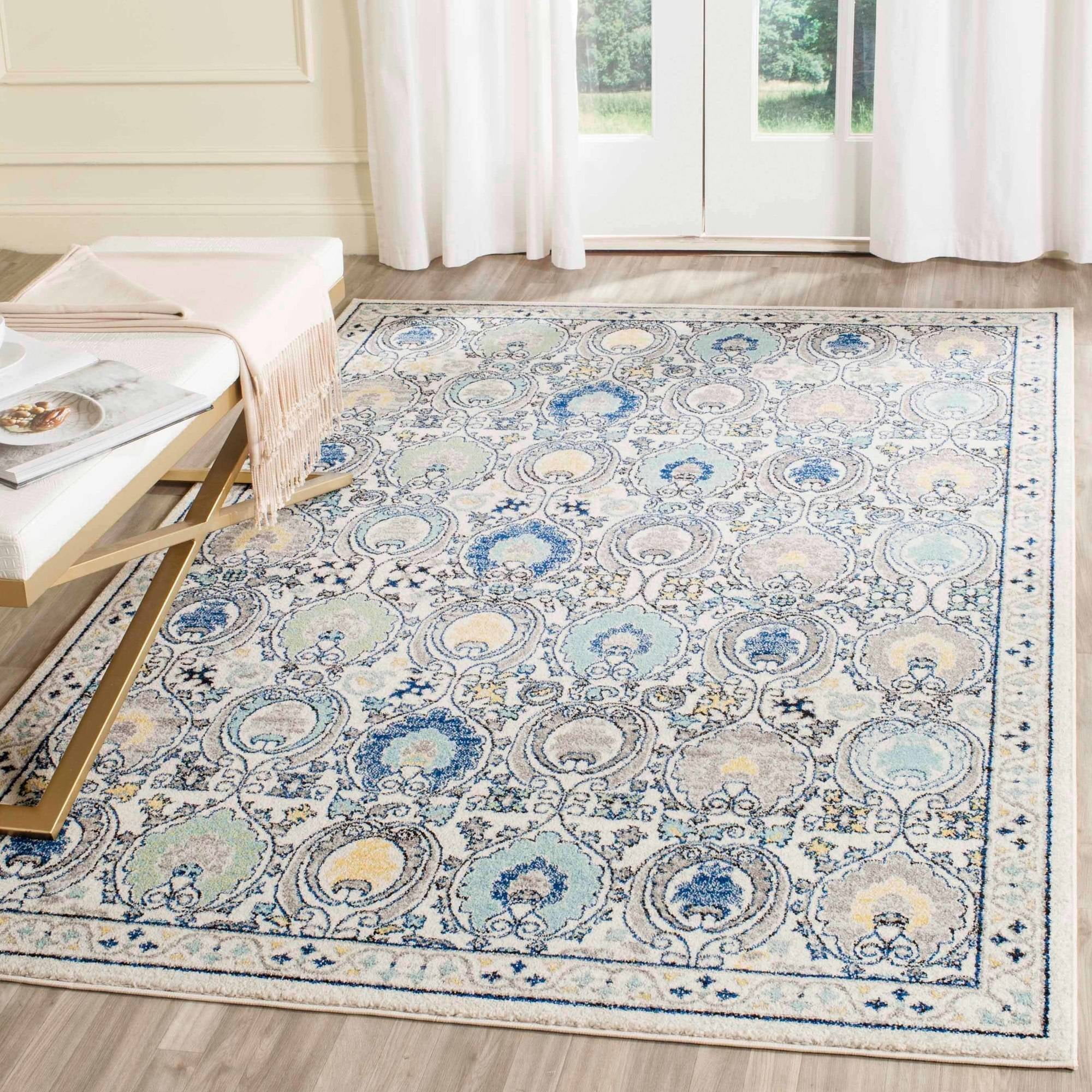 Ivory and Grey High Pile Synthetic Area Rug