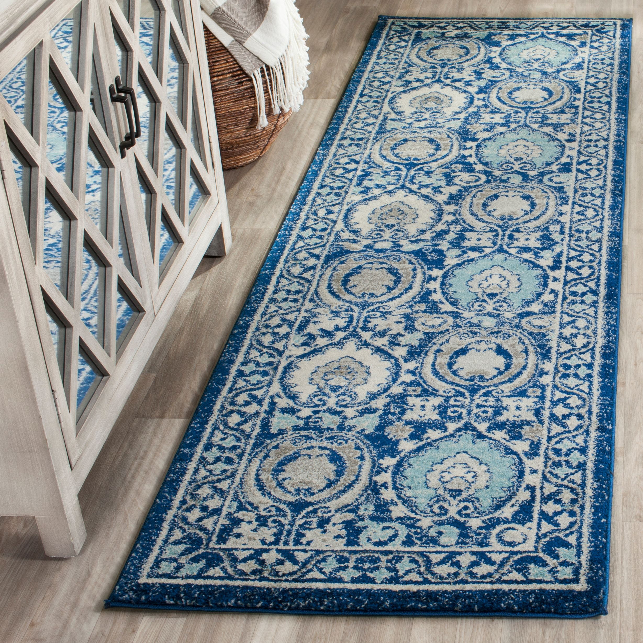 Blue and Ivory High Pile Synthetic Runner Area Rug