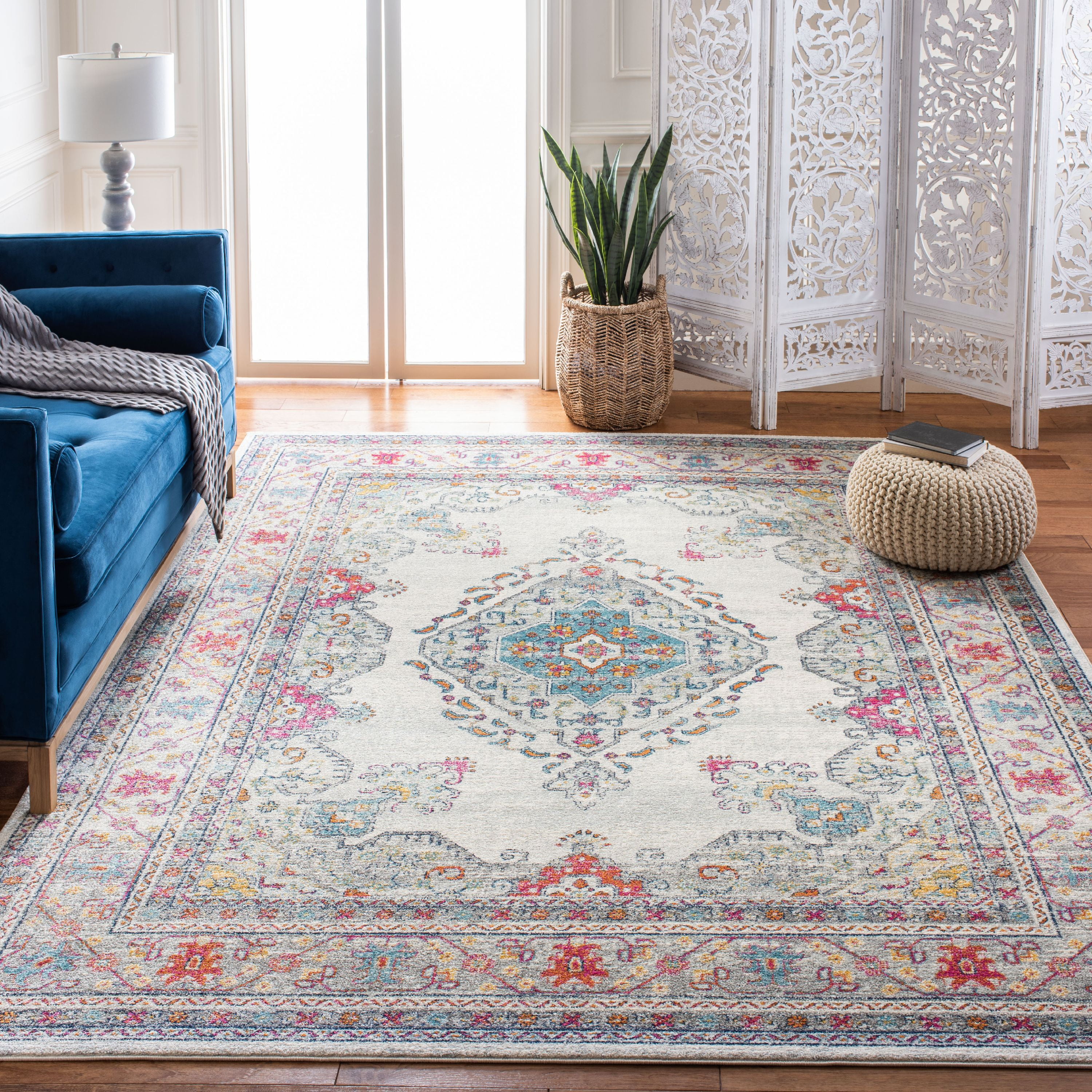 8' x 10' Cream and Fuchsia Synthetic Reversible Area Rug
