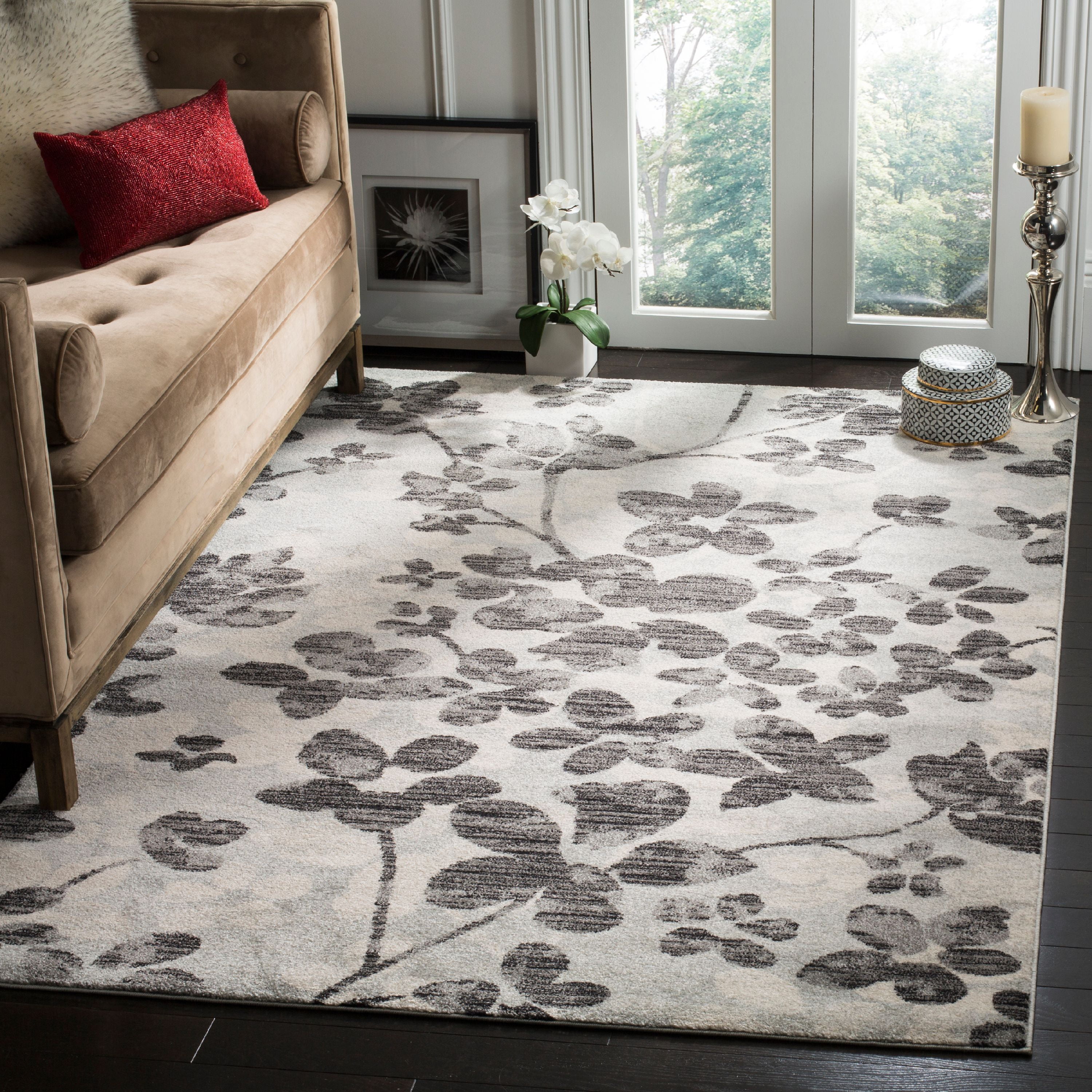 Gray and Black Floral Synthetic Rectangular Area Rug