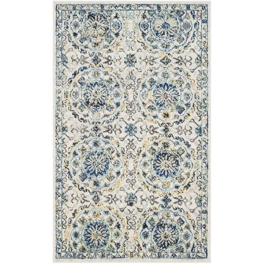 Ivory and Blue High Pile Synthetic Area Rug