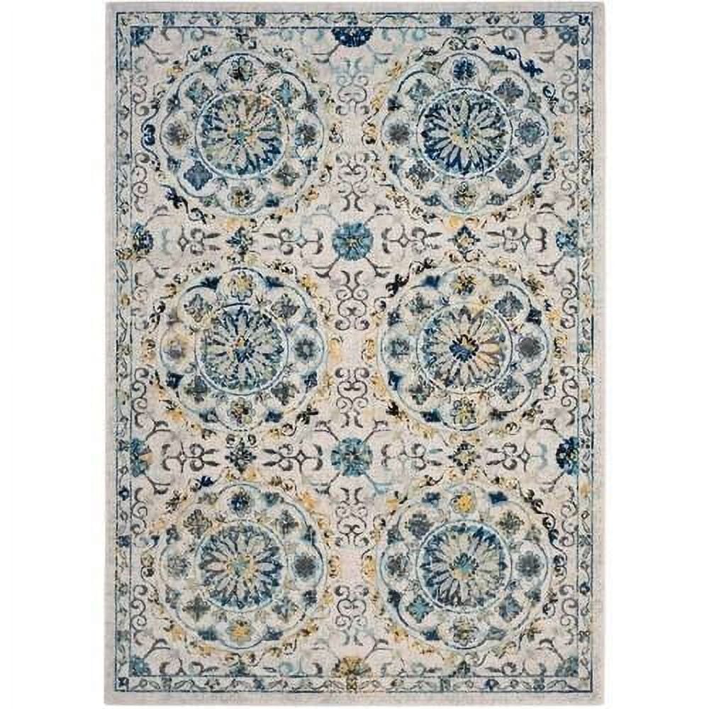 Ivory and Blue High Pile Floral Medallion Area Rug