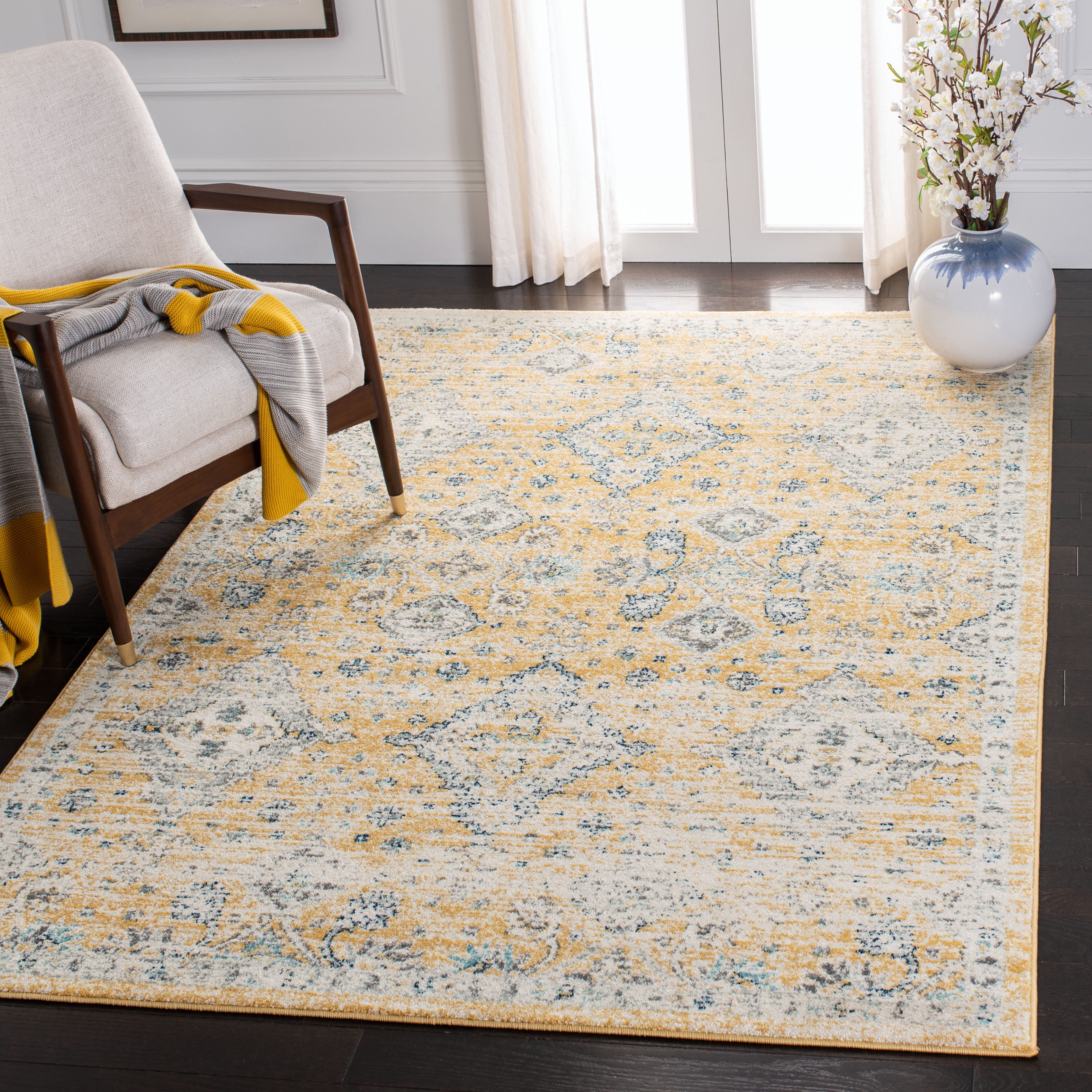 Gold and Ivory High Pile Synthetic Rectangular Rug 5'1" x 7'6"