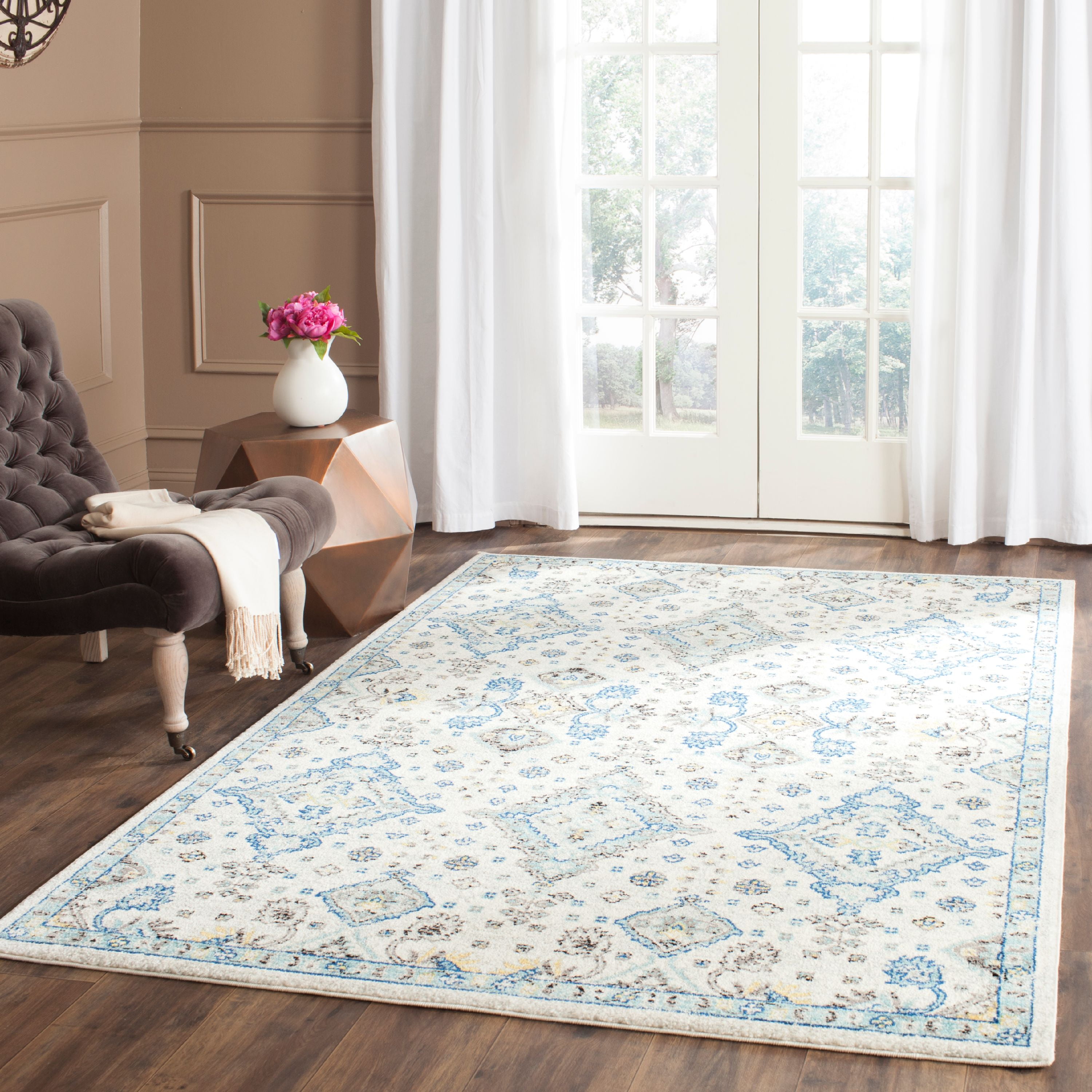 Ivory and Light Blue Floral Synthetic 9' x 12' Rectangular Area Rug