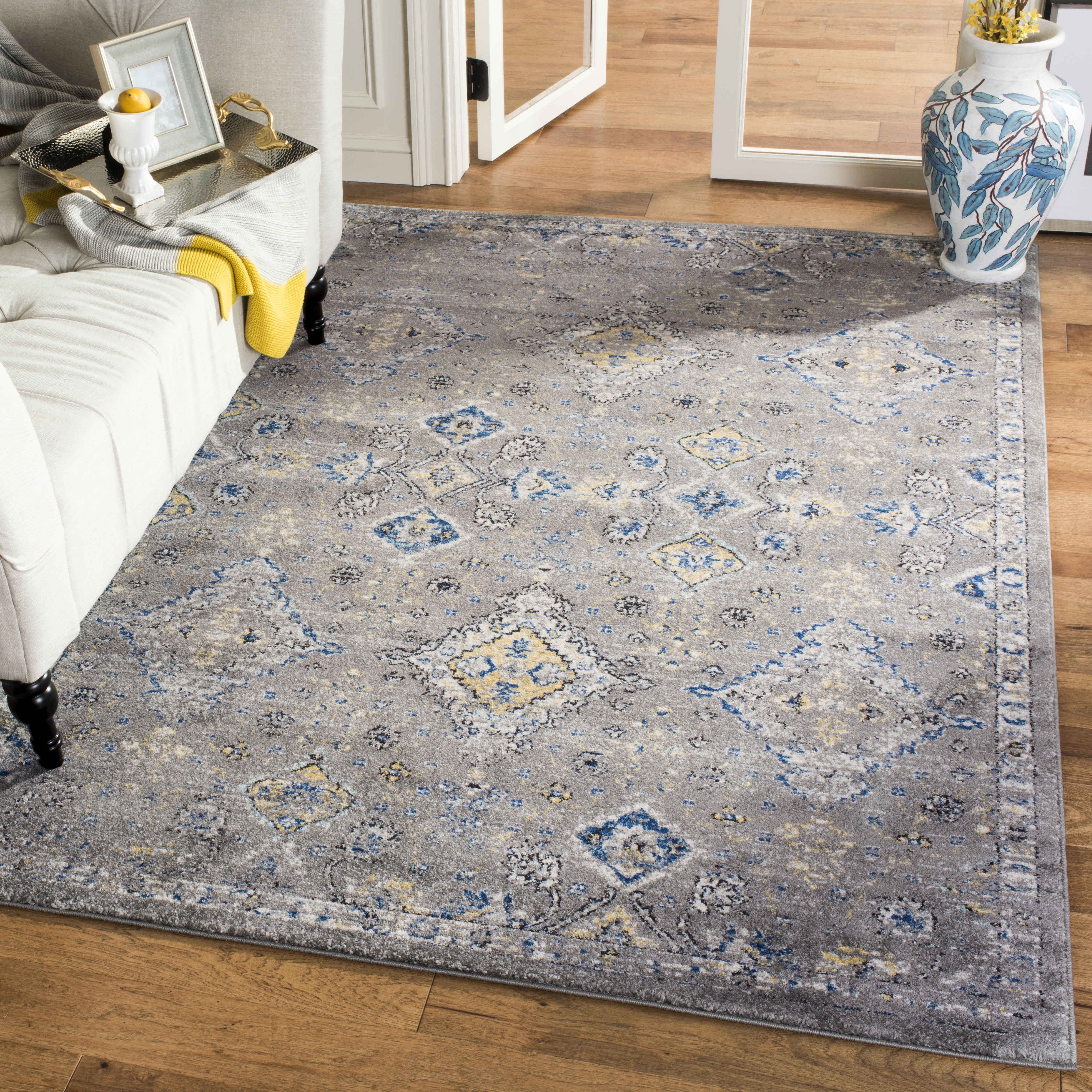 Dark Grey and Yellow Floral High Pile Synthetic Rug