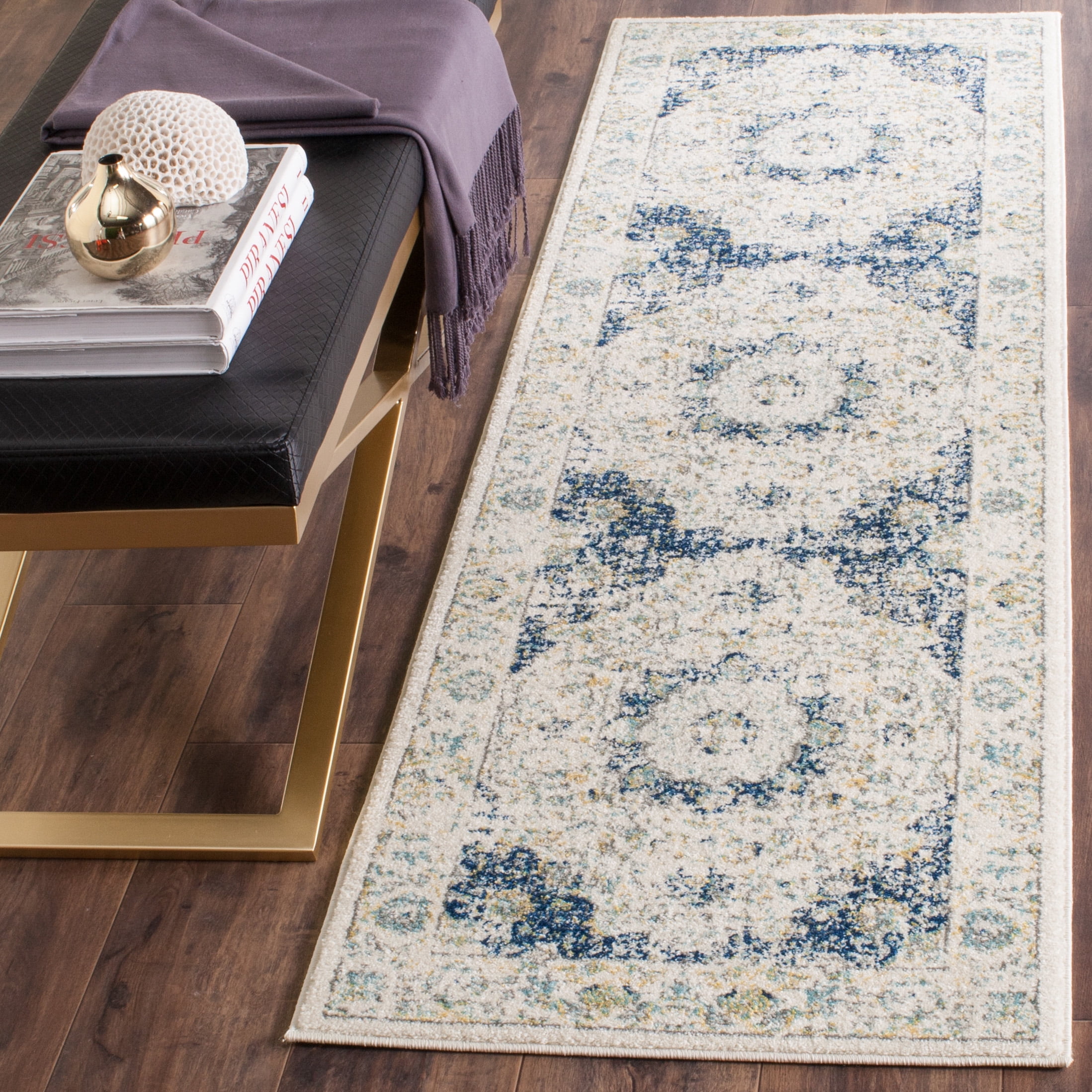 Ivory and Blue Rectangular Synthetic Easy Care Accent Rug