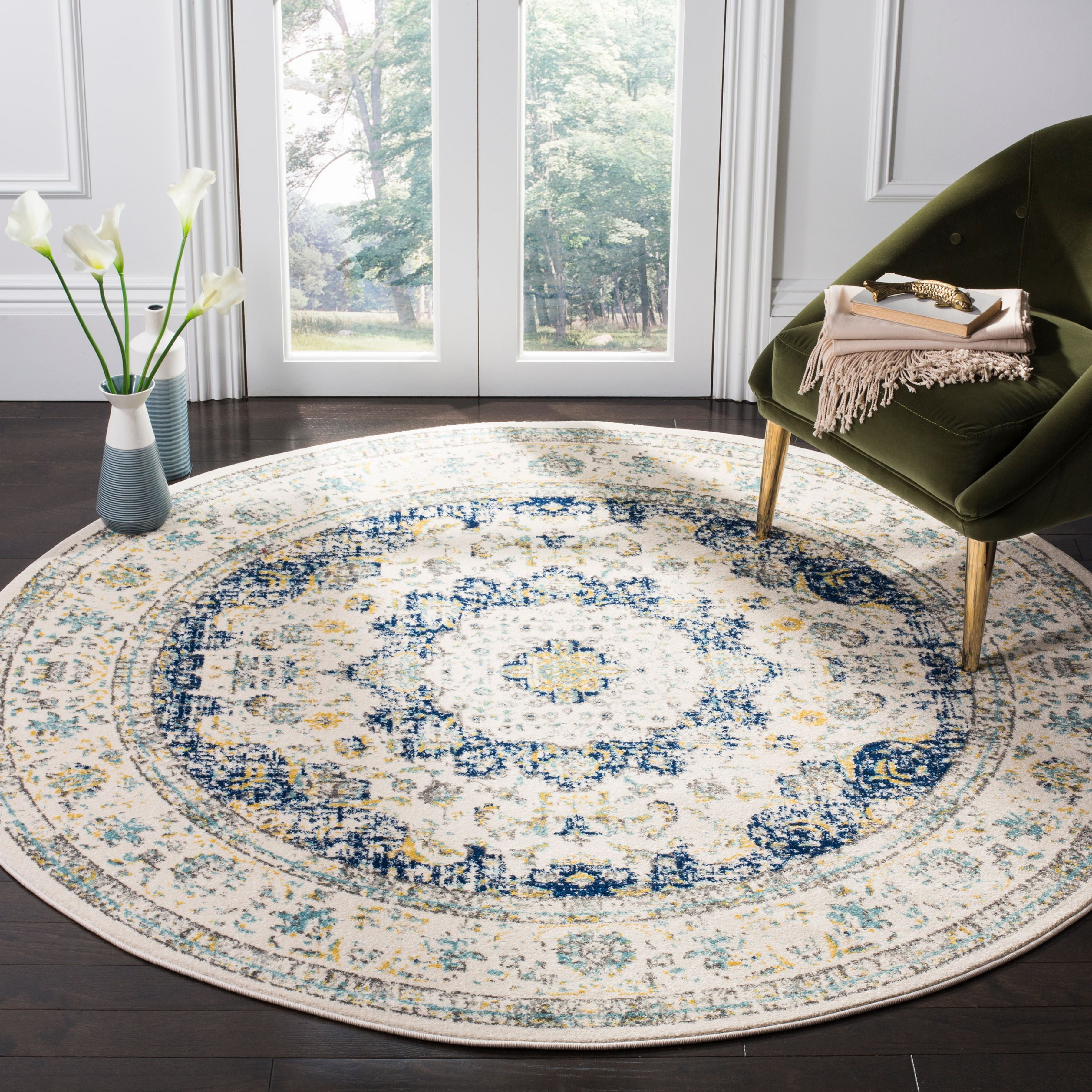 Ivory and Blue Round High Pile Synthetic Area Rug