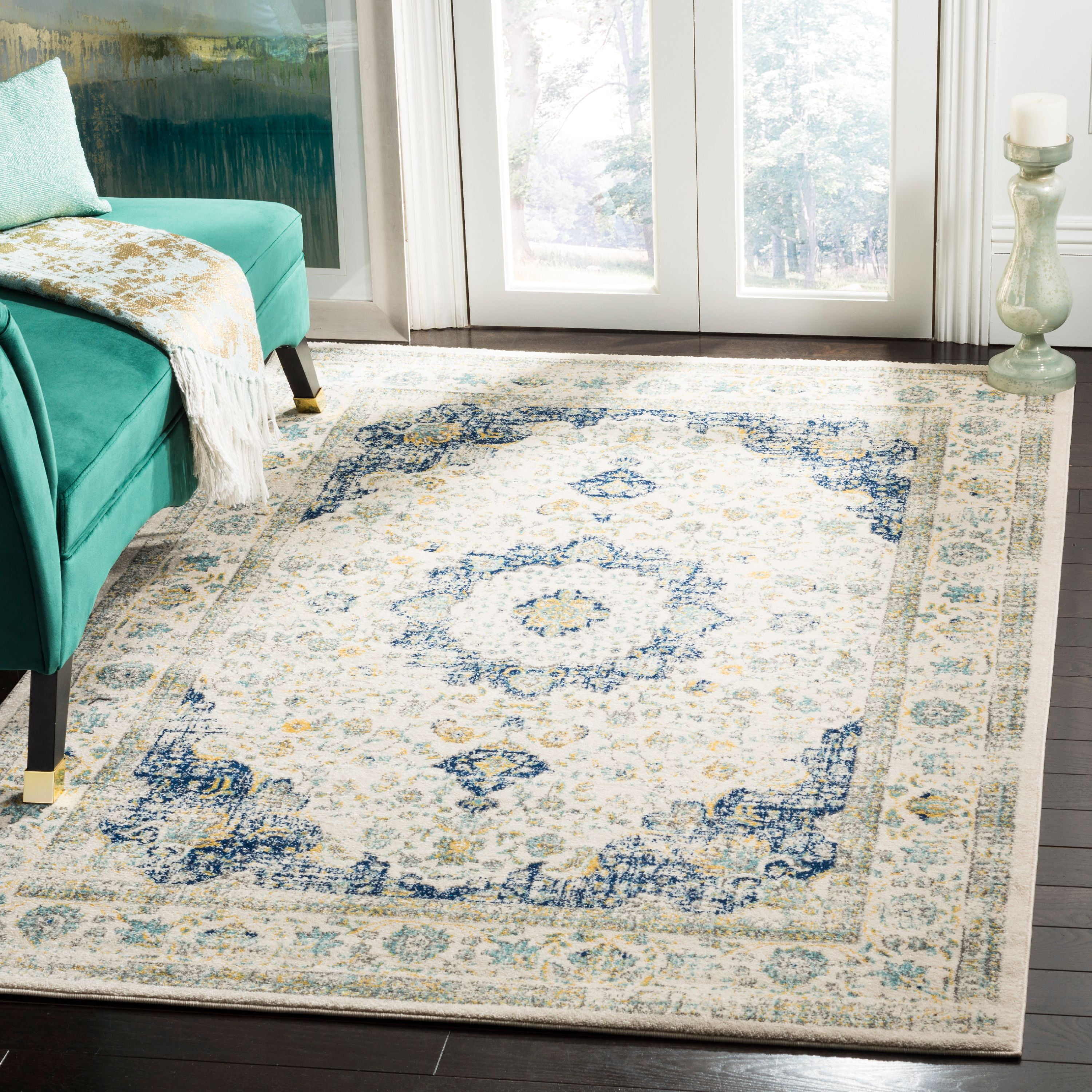 Ivory Blue Elegance 9' x 12' Synthetic Rectangular Area Rug