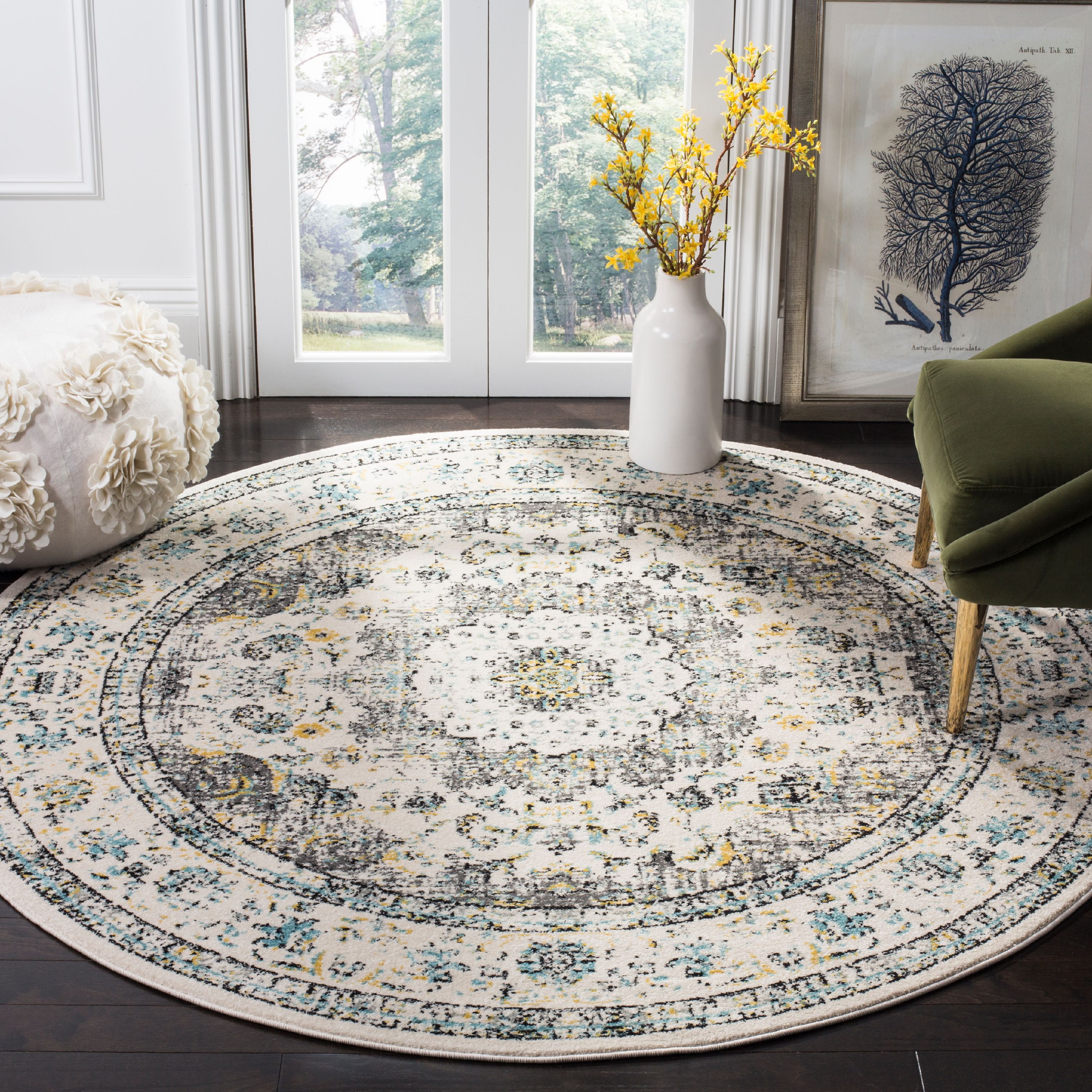 Evoke Grey and Gold Round Floral Area Rug