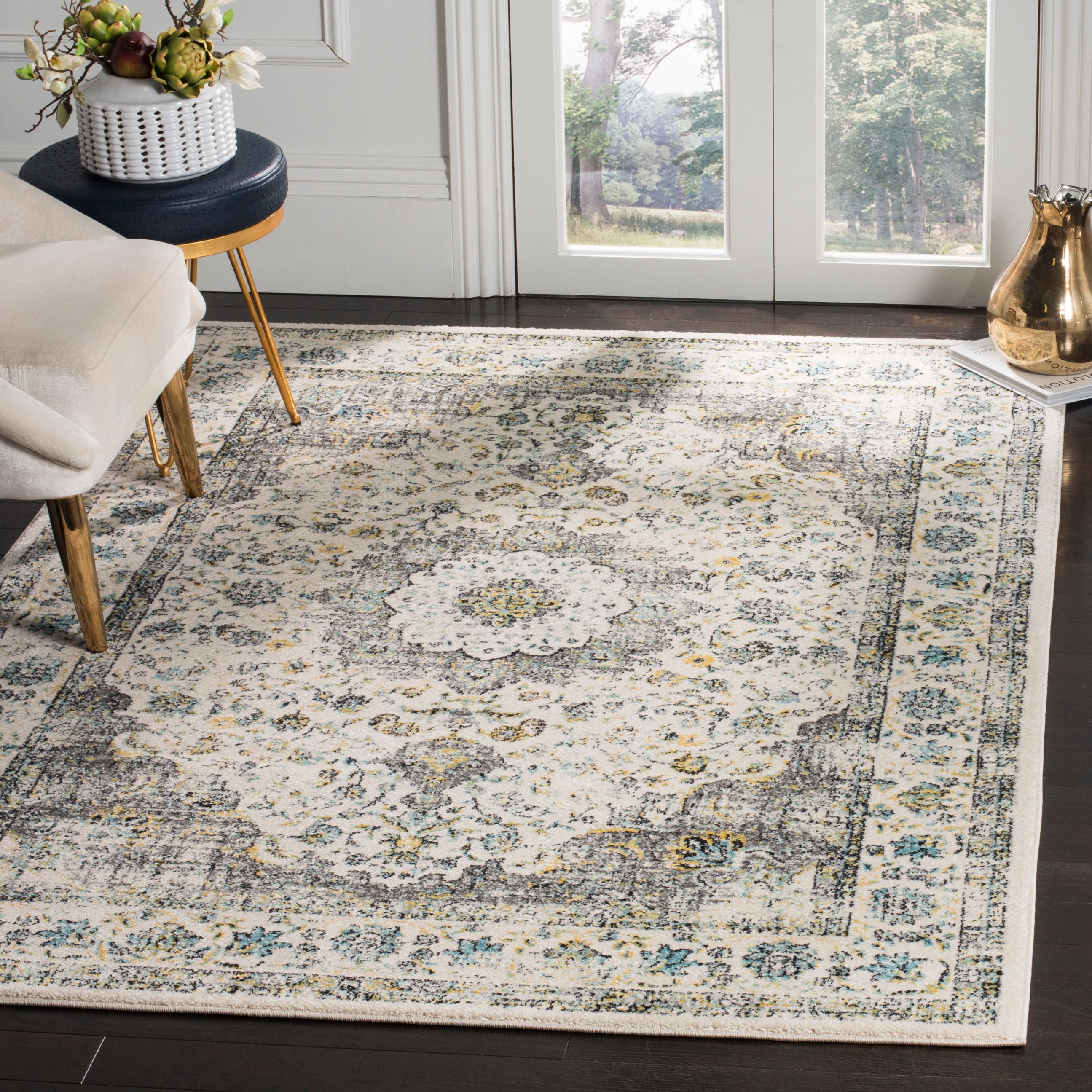 Gray and Gold Floral Synthetic Area Rug