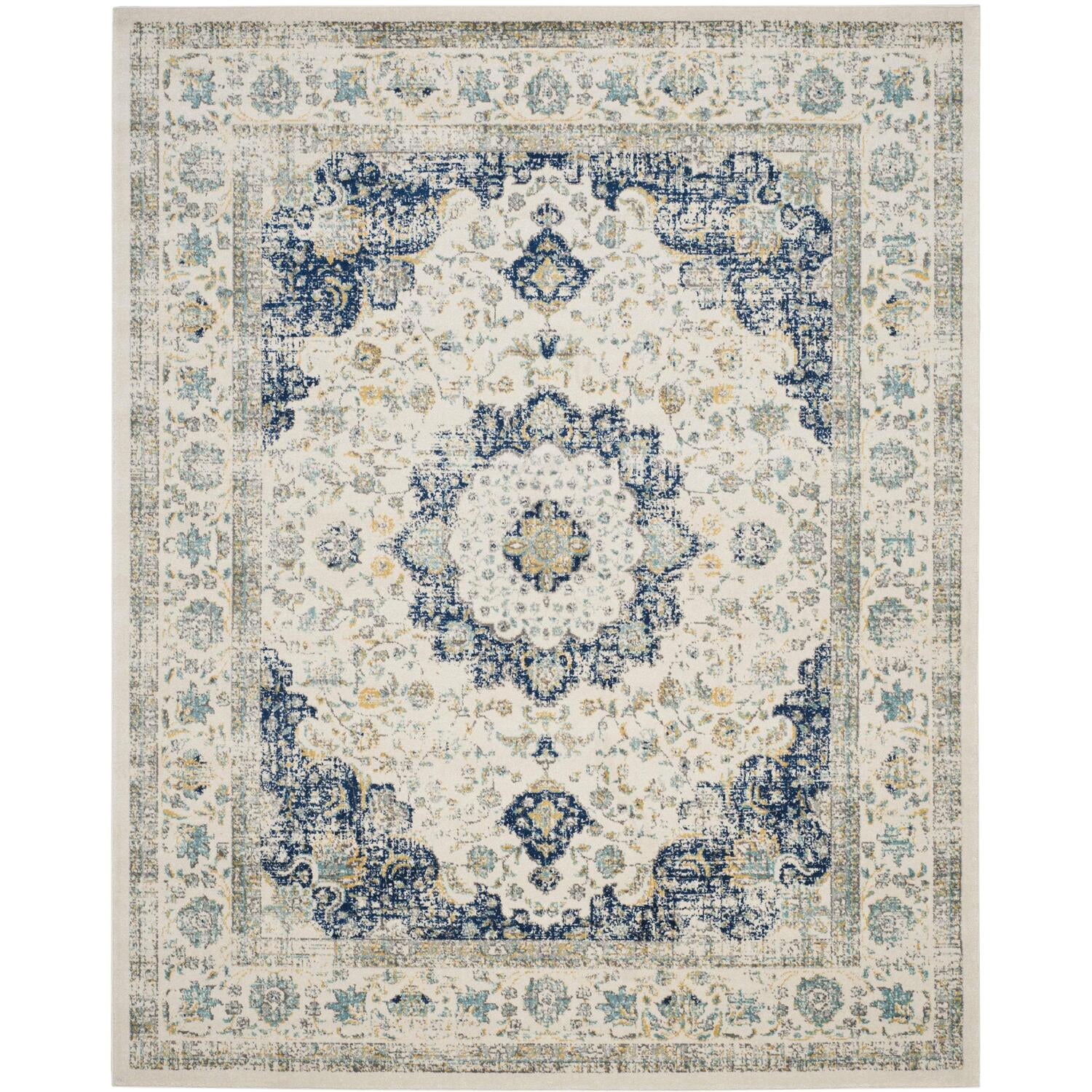 Ivory and Blue Floral High Pile Area Rug 8' x 10'