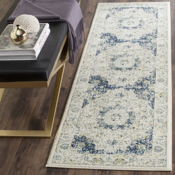 SAFAVIEH Evoke Teale Traditional Bordered Runner Rug, Ivory/Blue, 2'2" x 9'