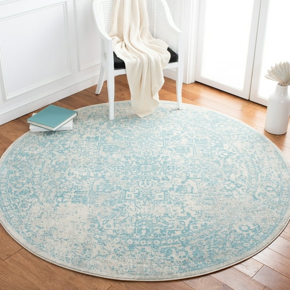 SAFAVIEH Round Rug 5'3" - Evoke Collection - Traditional Design, Ivory & Aqua, Non-Shedding & Easy Cleaning, Ideal for Living Room, Bedroom, Dining Space