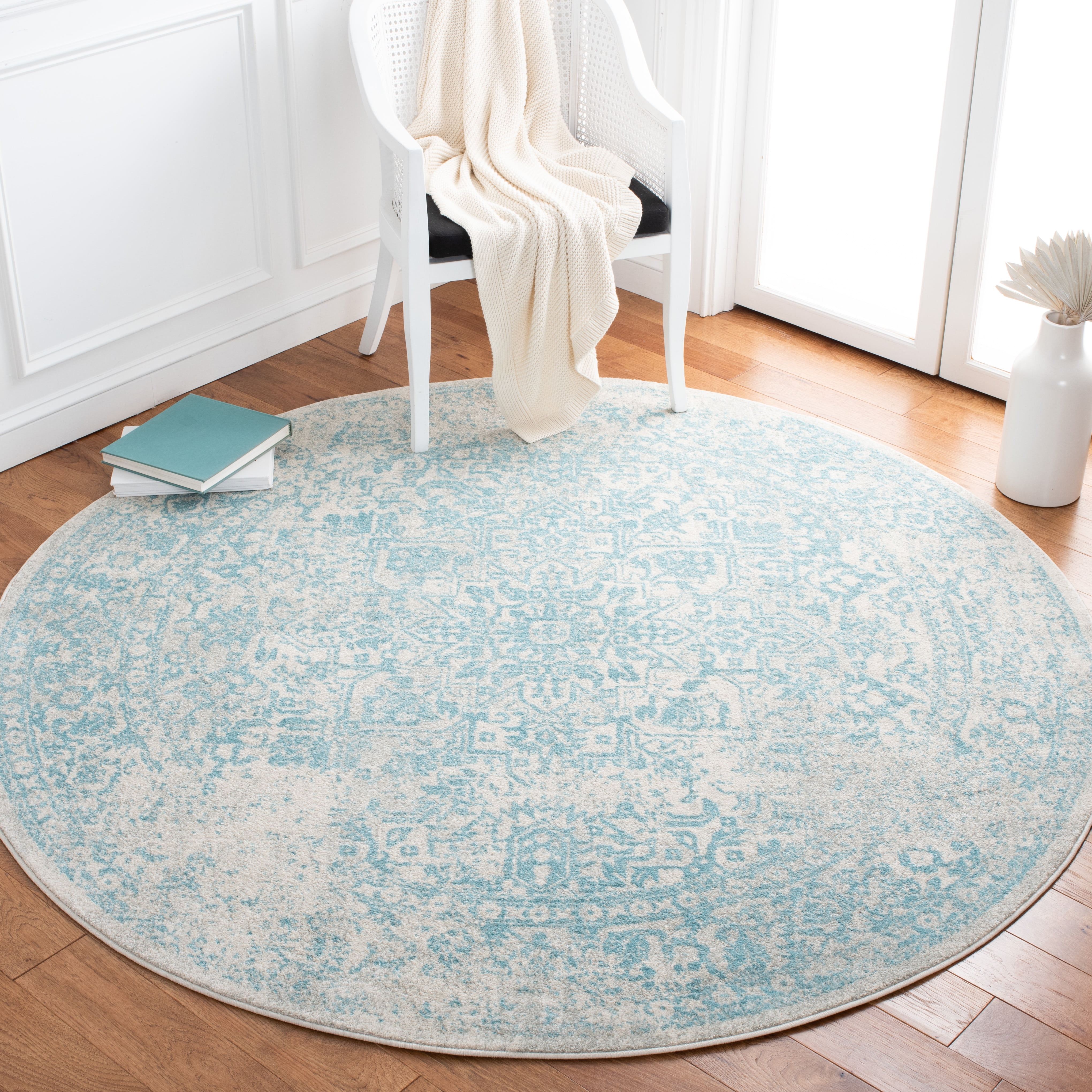 SAFAVIEH Round Rug 6'7" - Evoke Collection - Traditional Design, Ivory & Aqua, Non-Shedding & Easy Cleaning, Ideal for Living Room, Bedroom, Dining Space