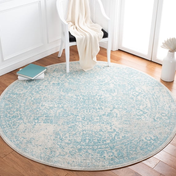 SAFAVIEH Round Rug 6'7" - Evoke Collection - Traditional Design, Ivory & Aqua, Non-Shedding & Easy Cleaning, Ideal for Living Room, Bedroom, Dining Space
