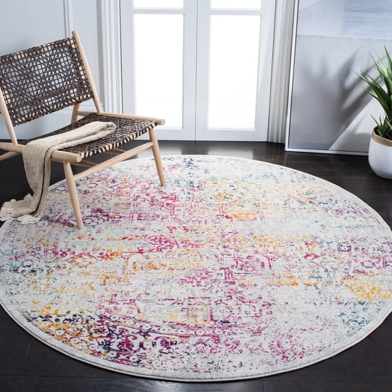 SAFAVIEH Round Rug 6'7" - Evoke Collection - Traditional Design, Ivory & Fuchsia, Non-Shedding & Easy Cleaning, Ideal for Living Room, Bedroom, Dining Space