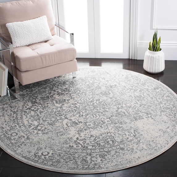 SAFAVIEH Round Rug 8' - Evoke Collection - Traditional Design, Ivory & Grey, Non-Shedding & Easy Cleaning, Ideal for Living Room, Bedroom, Dining Space (EVK256F)