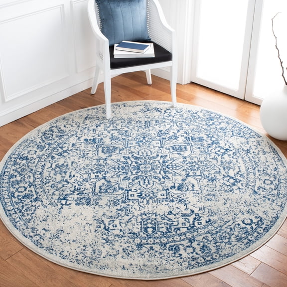 SAFAVIEH Round Rug 6'7" - Evoke Collection - Traditional Design, Ivory & Navy, Non-Shedding & Easy Cleaning, Ideal for Living Room, Bedroom, Dining Space
