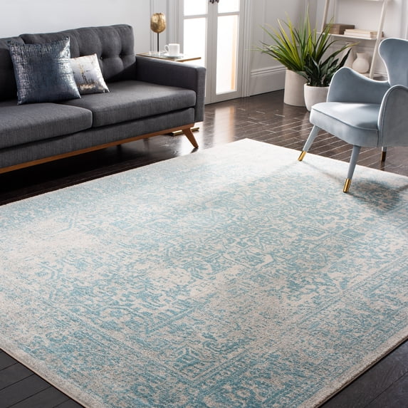 SAFAVIEH Area Rug 9x12 - Evoke Collection - Large - Traditional Design, Ivory & Aqua, Non-Shedding & Easy Cleaning, Ideal for Living Room, Bedroom, Dining Space