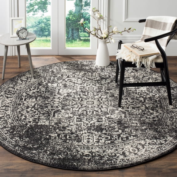 SAFAVIEH Round Rug 6'7" - Evoke Collection - Traditional Design, Black & Grey, Non-Shedding & Easy Cleaning, Ideal for Living Room, Bedroom, Dining Space