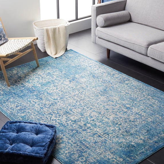 SAFAVIEH Square Rug 5'3" - Evoke Collection - Traditional Design, Blue & Ivory, Non-Shedding & Easy Cleaning, Ideal for Living Room, Bedroom, Dining Space