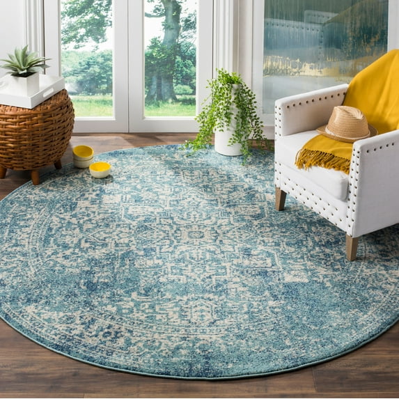 SAFAVIEH Round Rug 6'7" - Evoke Collection - Traditional Design, Blue & Ivory, Non-Shedding & Easy Cleaning, Ideal for Living Room, Bedroom, Dining Space