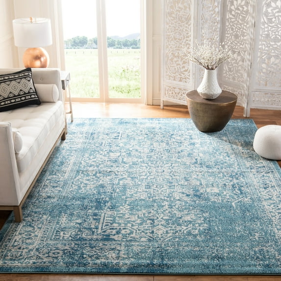 SAFAVIEH Square Rug 9' - Evoke Collection - Large - Traditional Design, Blue & Ivory, Non-Shedding & Easy Cleaning, Ideal for Living Room, Bedroom, Dining Space