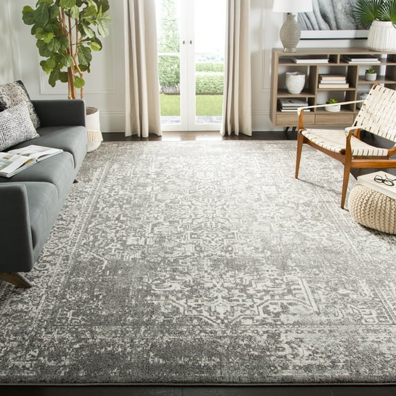 SAFAVIEH Square Rug 6'7" - Evoke Collection - Traditional Design, Grey & Ivory, Non-Shedding & Easy Cleaning, Ideal for Living Room, Bedroom, Dining Space