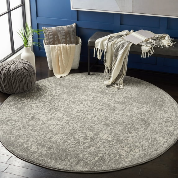 SAFAVIEH Round Rug 5'3" - Evoke Collection - Traditional Design, Silver & Ivory, Non-Shedding & Easy Cleaning, Ideal for Living Room, Bedroom, Dining Space