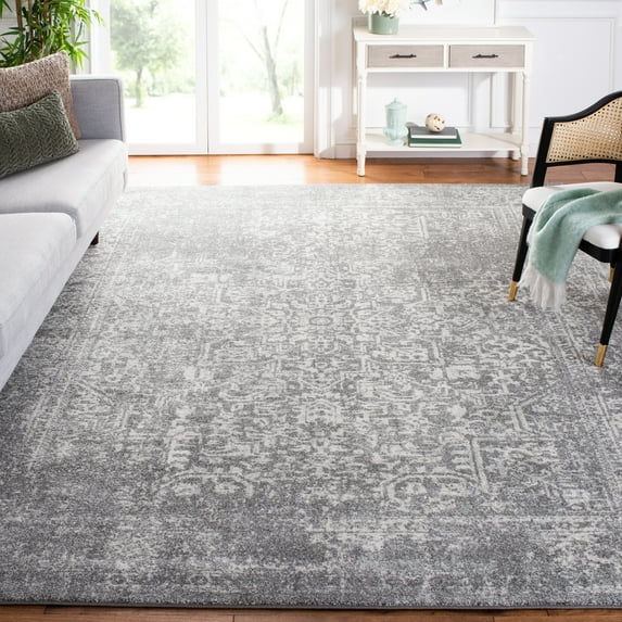 SAFAVIEH Square Rug 6'7" - Evoke Collection - Traditional Design, Silver & Ivory, Non-Shedding & Easy Cleaning, Ideal for Living Room, Bedroom, Dining Space