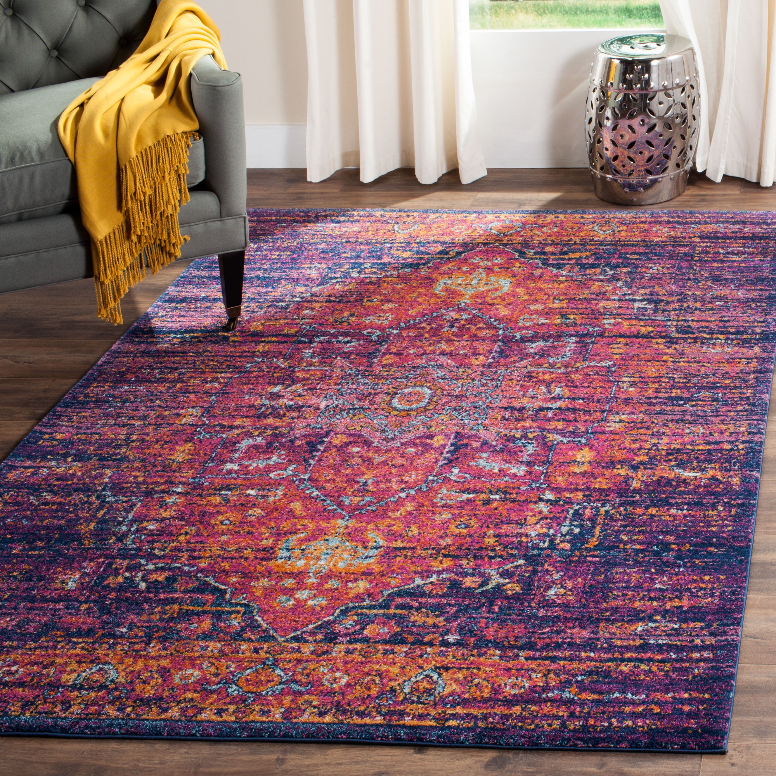 SAFAVIEH Evoke Westley Bordered Area Rug, Blue/Fuchsia, 5'3" x 5'3" Square