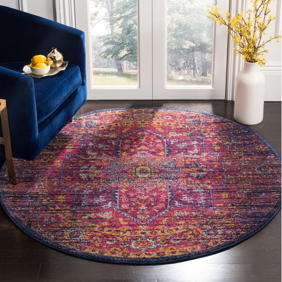 SAFAVIEH Evoke Westley Bordered Area Rug, Blue/Fuchsia, 5'3" x 5'3" Round