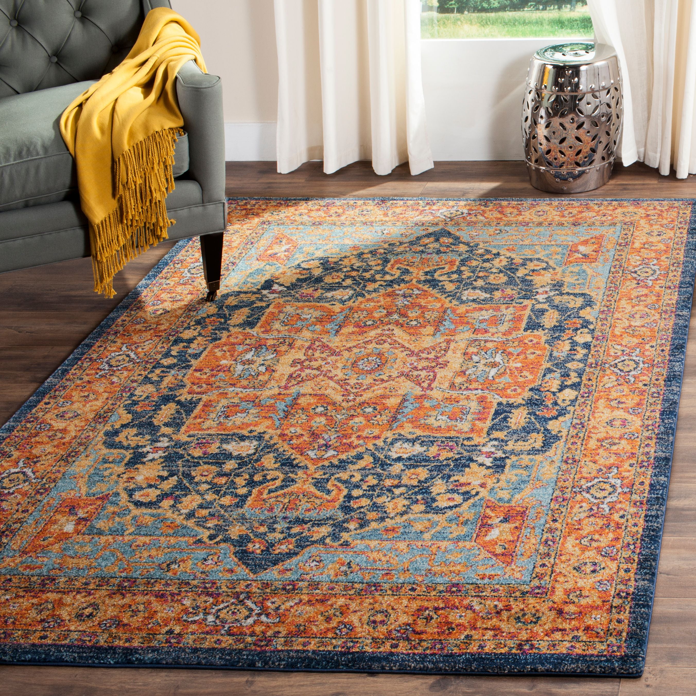 Large Blue and Orange Synthetic Reversible Area Rug