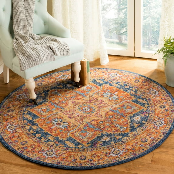 SAFAVIEH Evoke Westley Bordered Area Rug, Blue/Orange, 3' x 3' Round