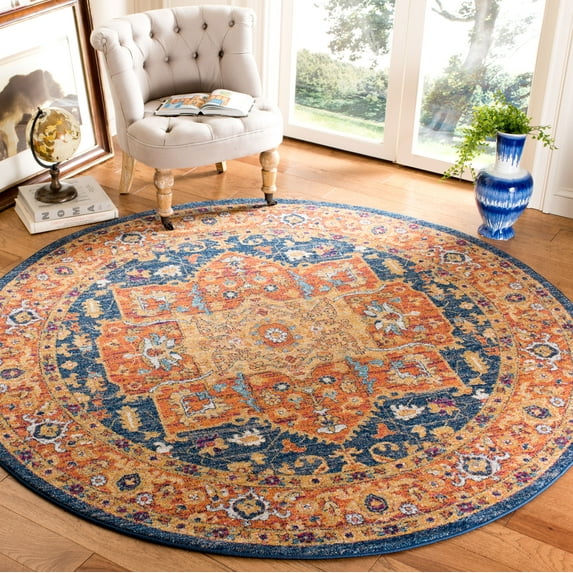 SAFAVIEH Evoke Westley Bordered Area Rug, Blue/Orange, 6'7" x 6'7" Round