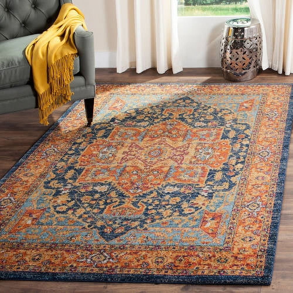Blue and Orange Floral Synthetic 9' x 12' Area Rug