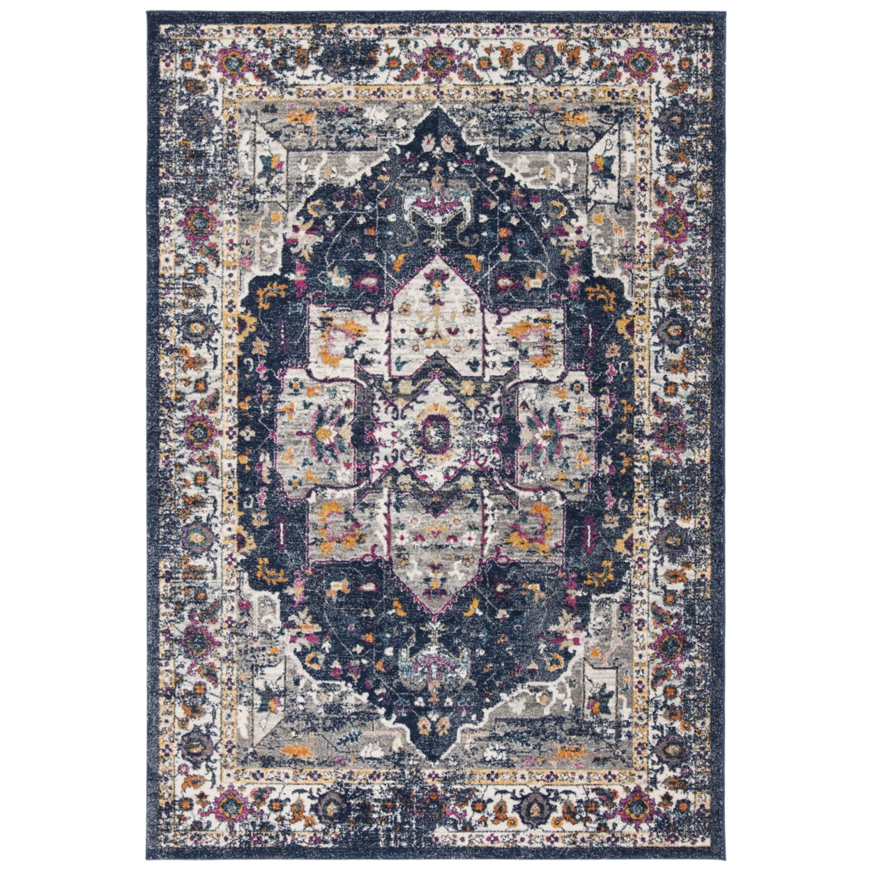 Navy and Grey Distressed Oriental Medallion 4' x 6' Area Rug