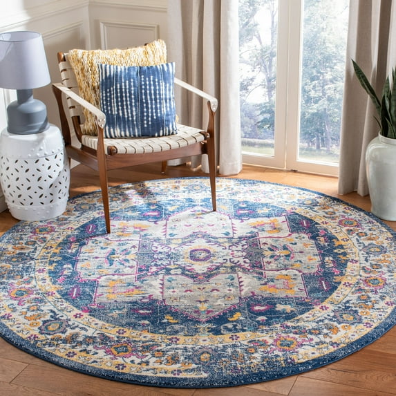 SAFAVIEH Evoke Westley Bordered Area Rug, Navy/Gray, 6'7" x 6'7" Round
