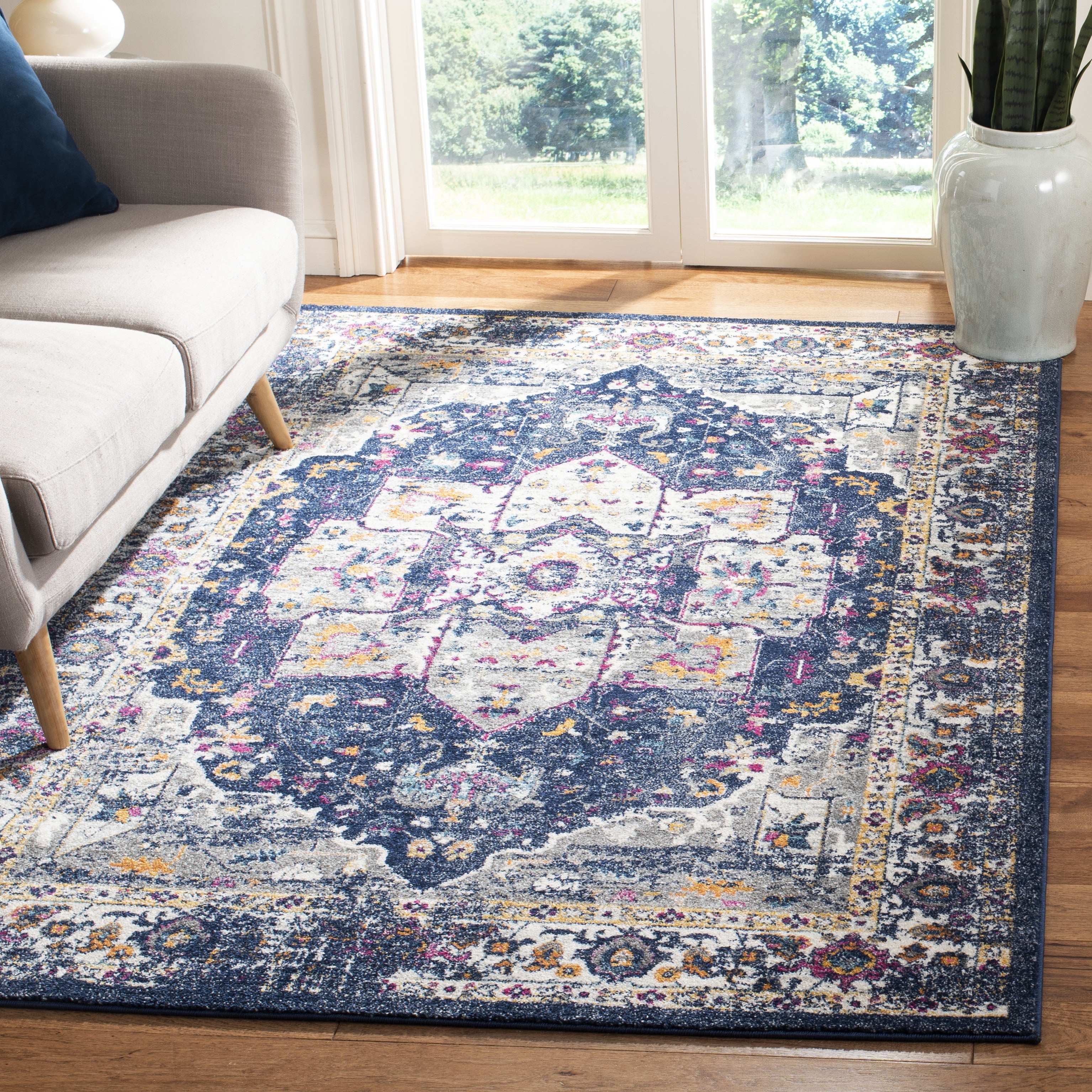 Navy and Grey Reversible Synthetic Area Rug, 54" x 16"