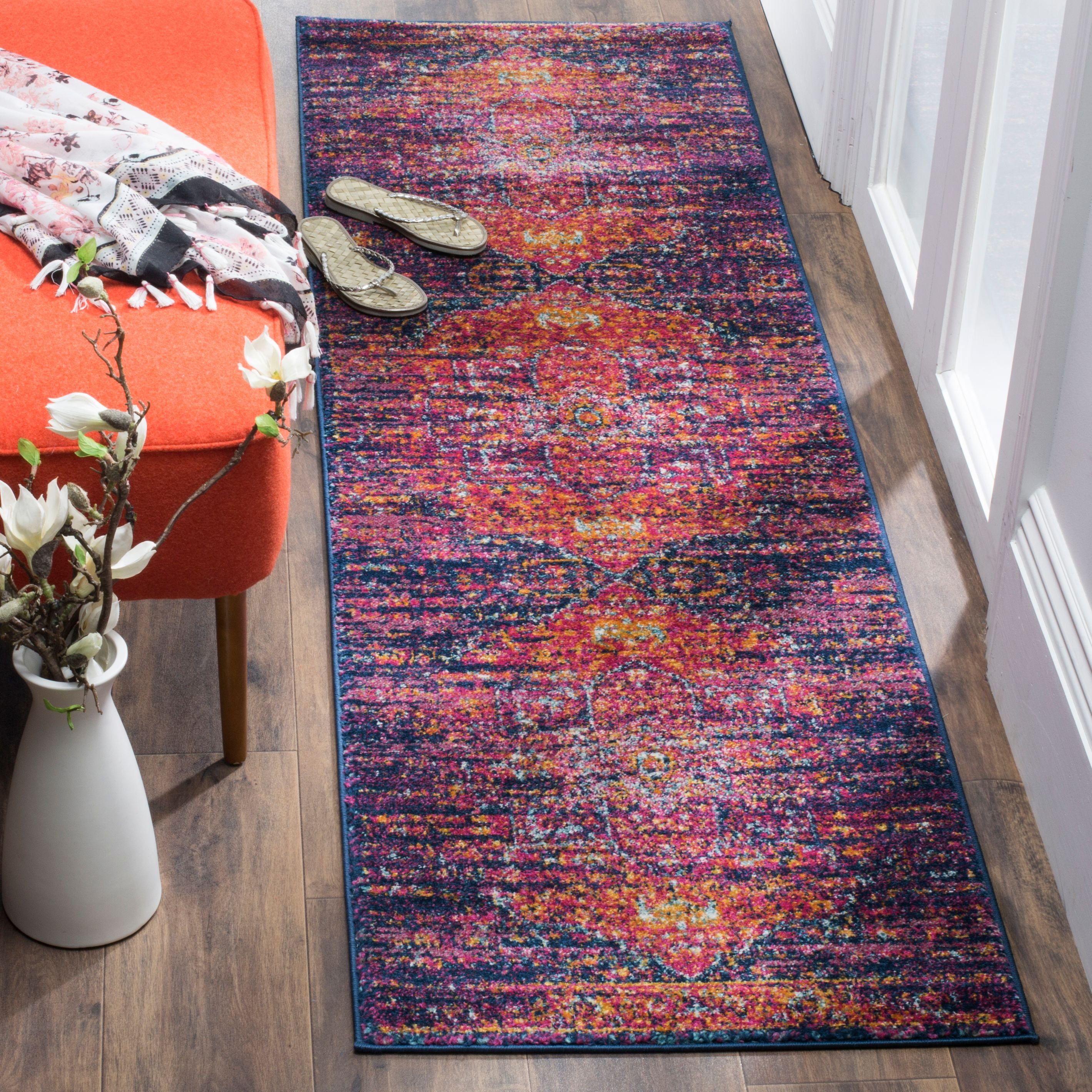 Blue and Fuchsia Synthetic Reversible Runner Rug, 2'2" x 19'