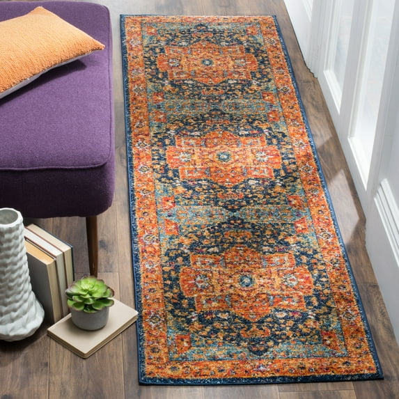 SAFAVIEH Evoke Westley Bordered Runner Rug, Blue/Orange, 2'2" x 11'