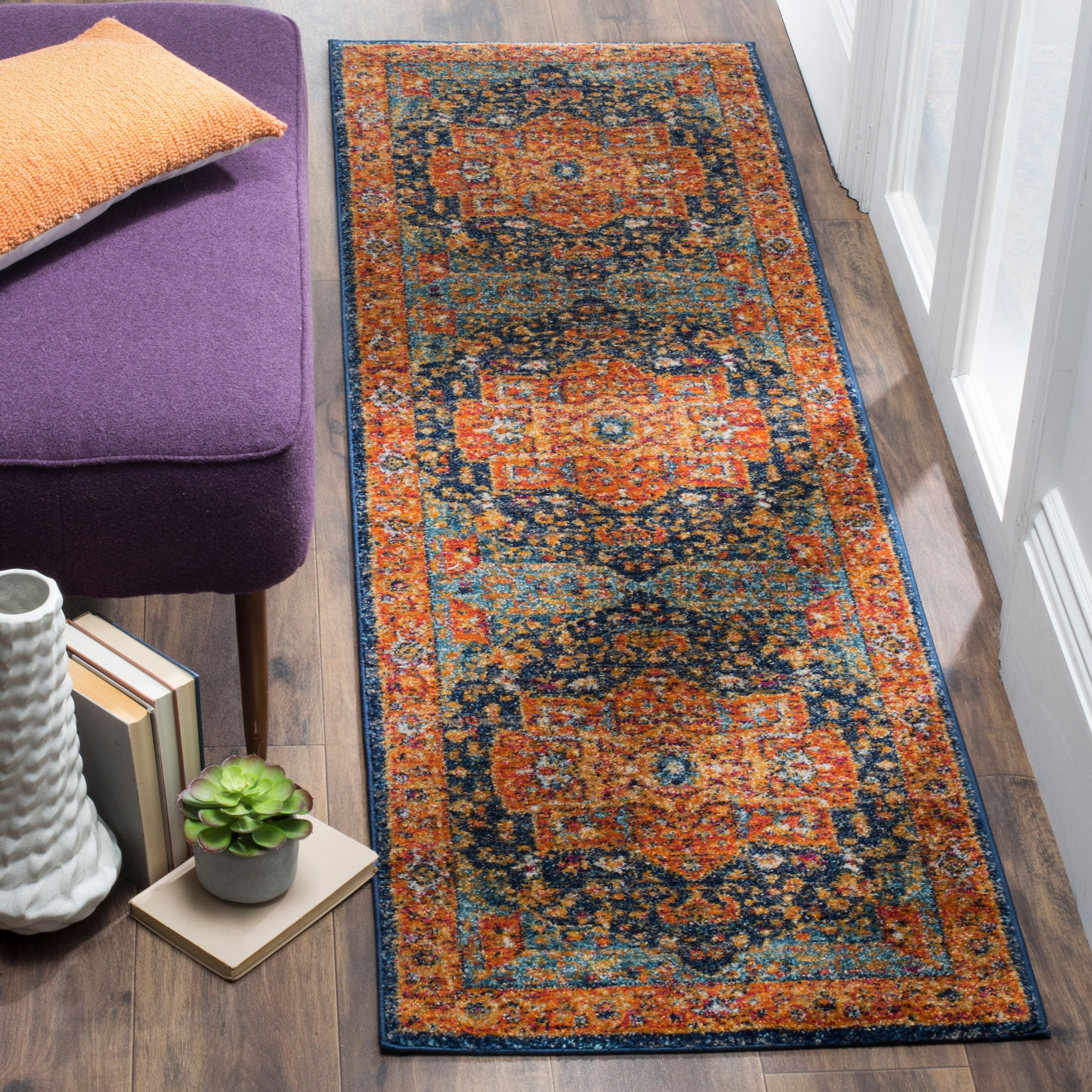 Blue and Orange Synthetic Reversible Runner Rug