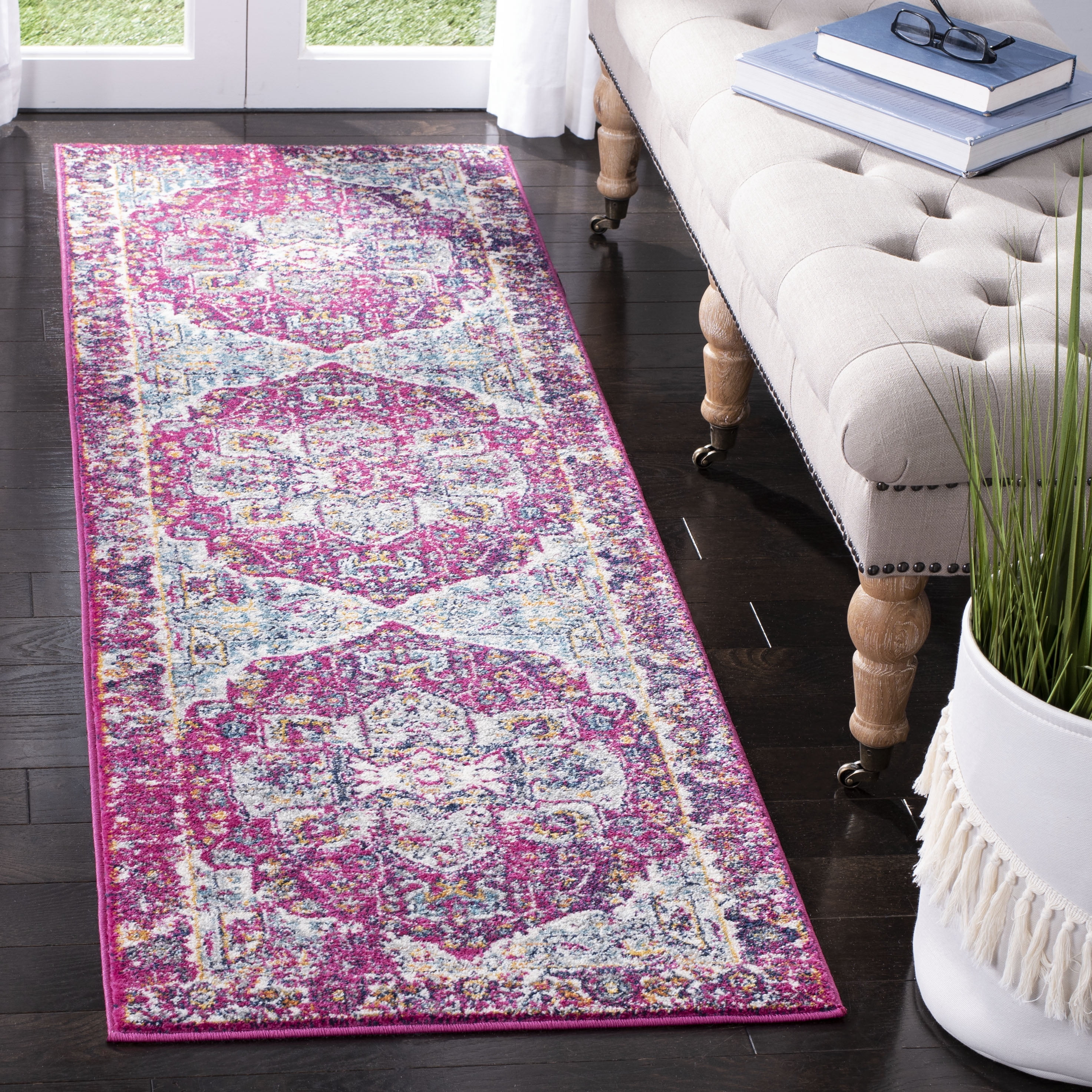 Fuchsia and Ivory Synthetic Hand-Knotted Runner Rug