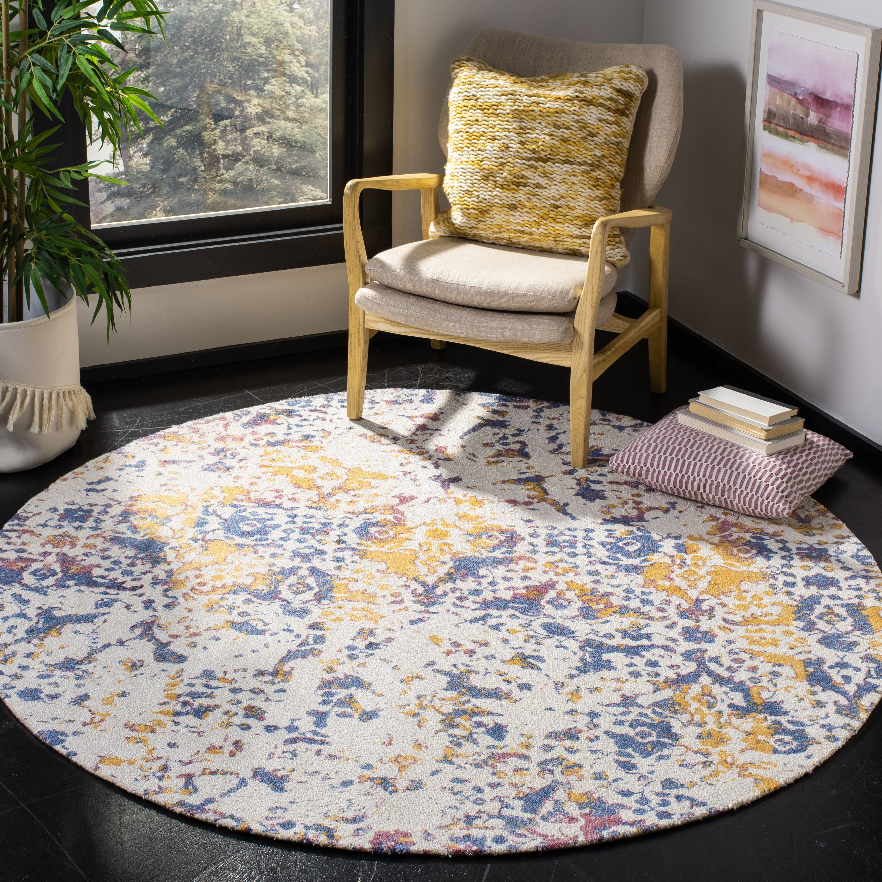 SAFAVIEH Expression Charlene Abstract Area Rug, Ivory/Navy, 6' x 6' Round