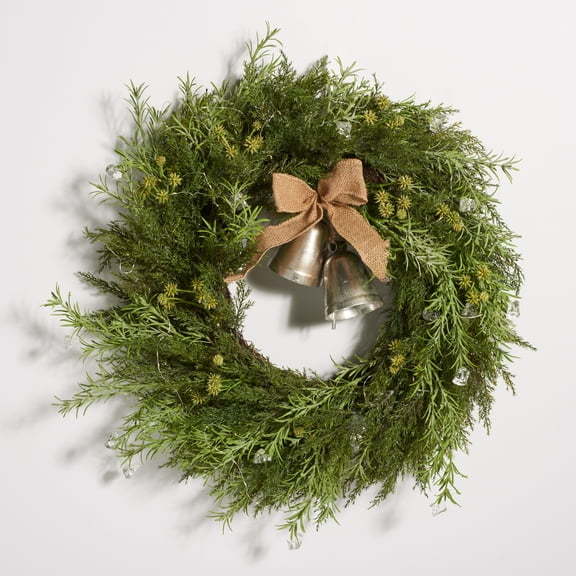 SAFAVIEH Faux 22 Inch Pine Led Wreath W/ Gold Bells, Green