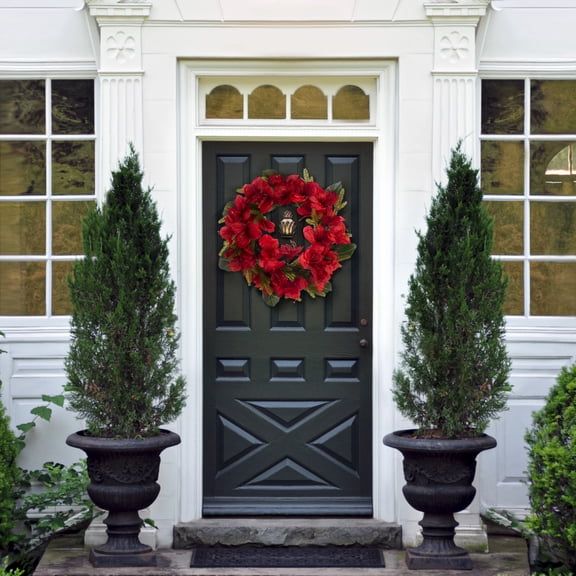 SAFAVIEH Faux 24 Inch Amaryllis & Magnolia Leaf Wreath, Red/Green